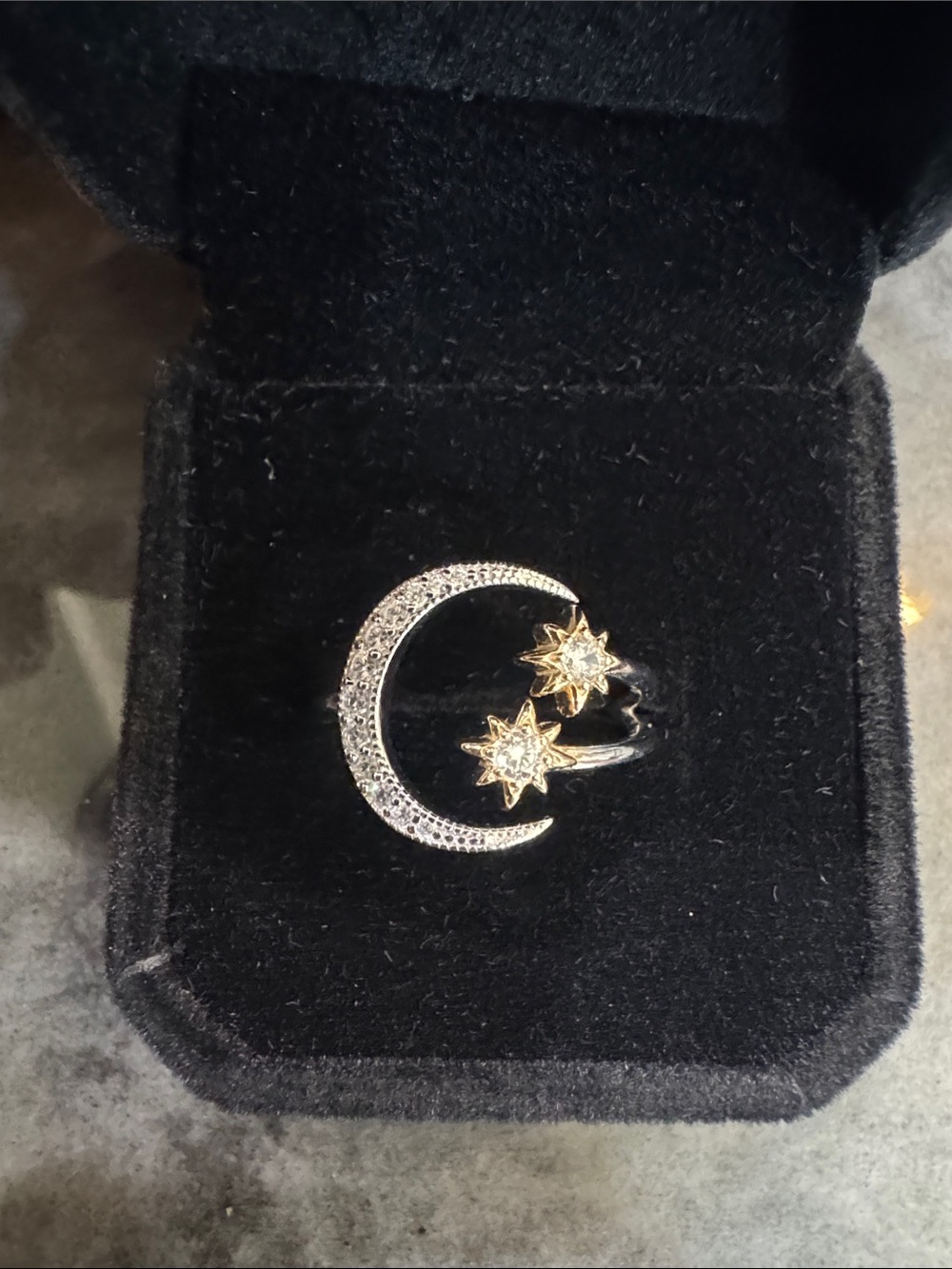 Celestial Moon & Star Ring in 14k white gold plated Silver and Gold SIZE 8